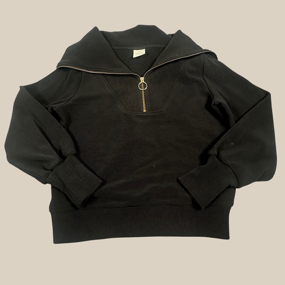 Varley Vine Half Zip Pullover Black Ribbed Ottoman Oversized Collar Sweatshirt S